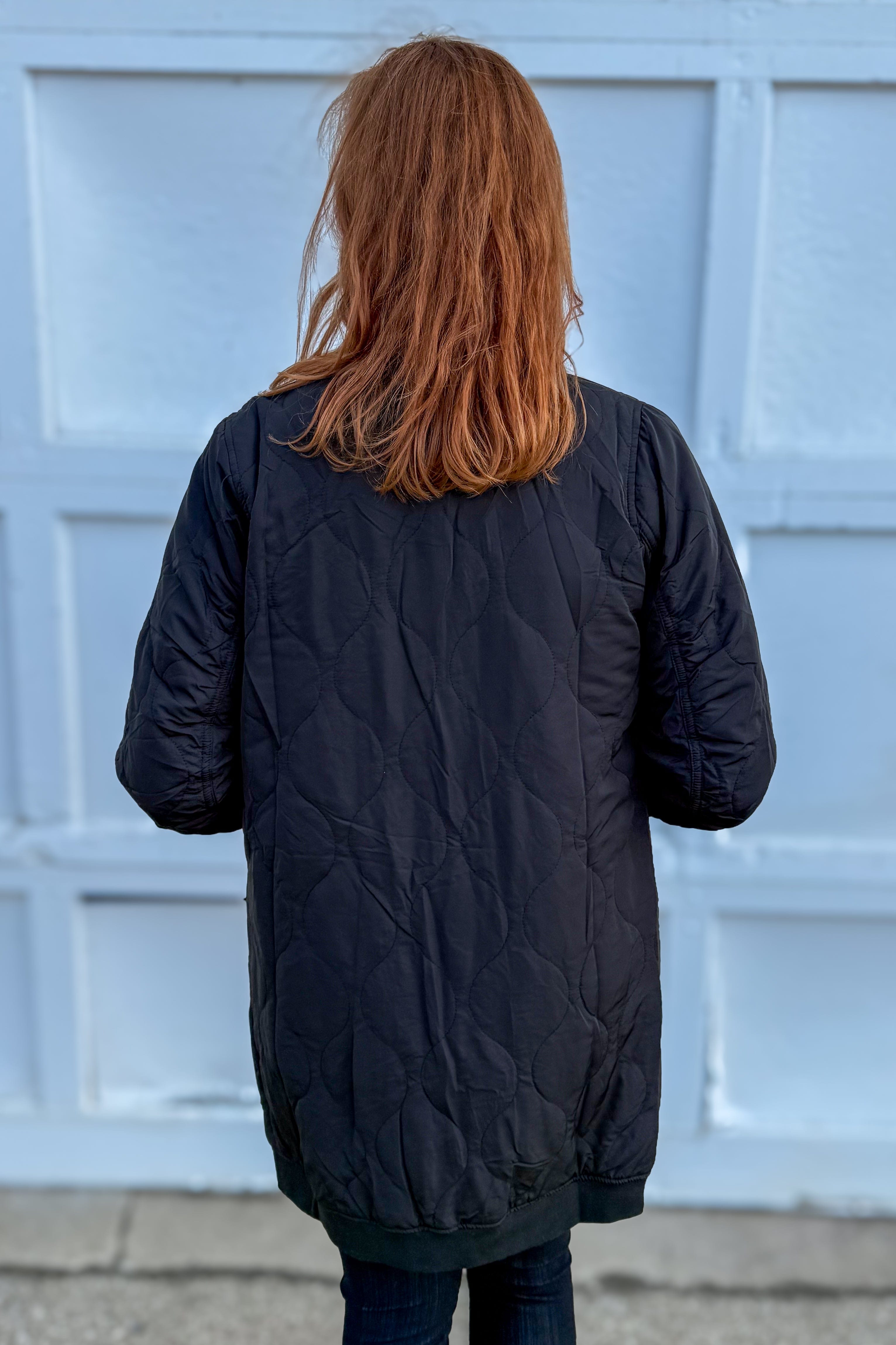 Black Quilted Long Bomber Jacket Back
