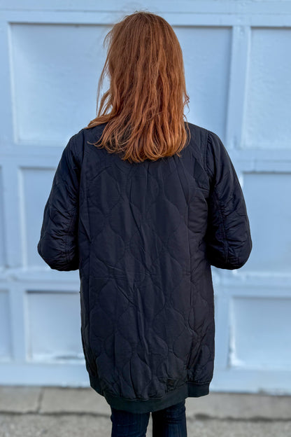 Black Quilted Long Bomber Jacket Back
