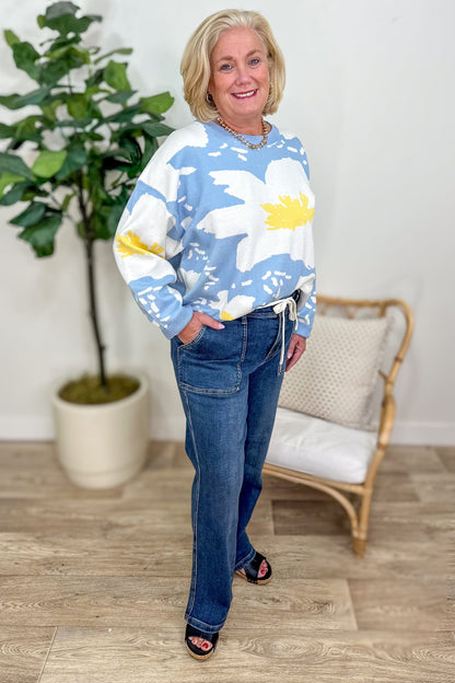 Blue & Ivory Floral Sweater styled