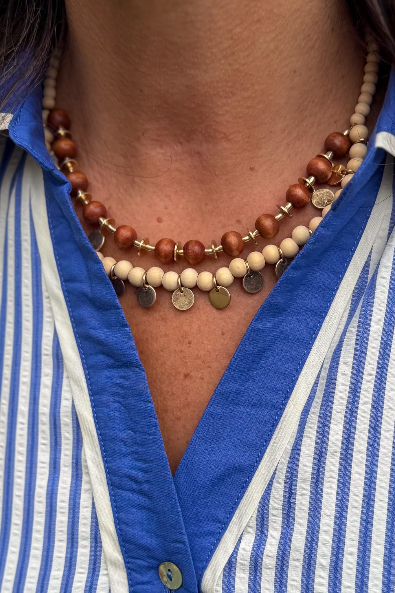 Ivory Wood Disk Charm Beaded Necklace