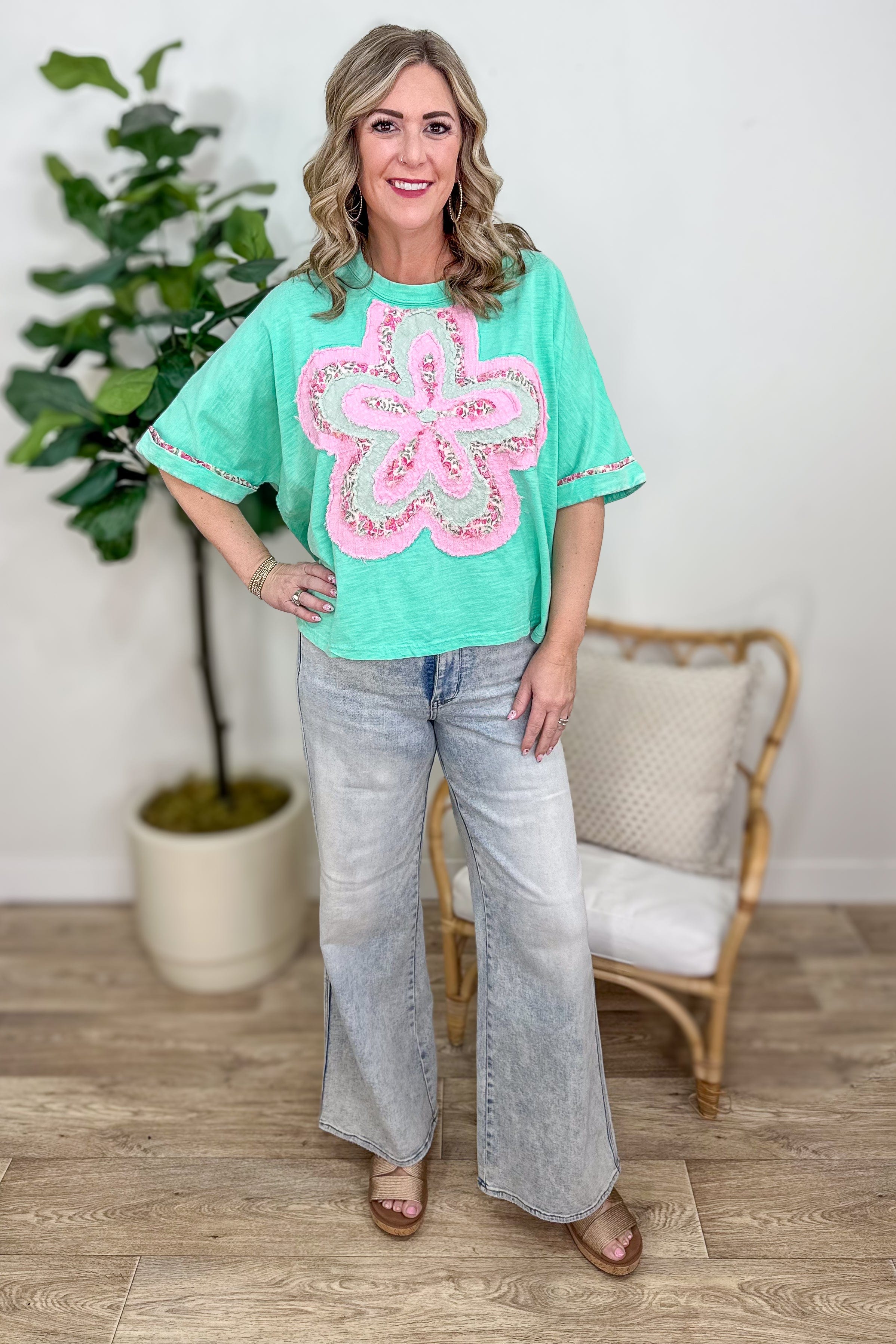 Atlantic Green Flower Patch Top styled