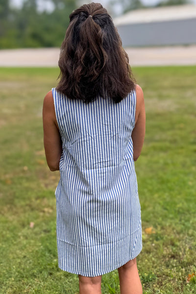 Blue Striped Seersucker Dress Back