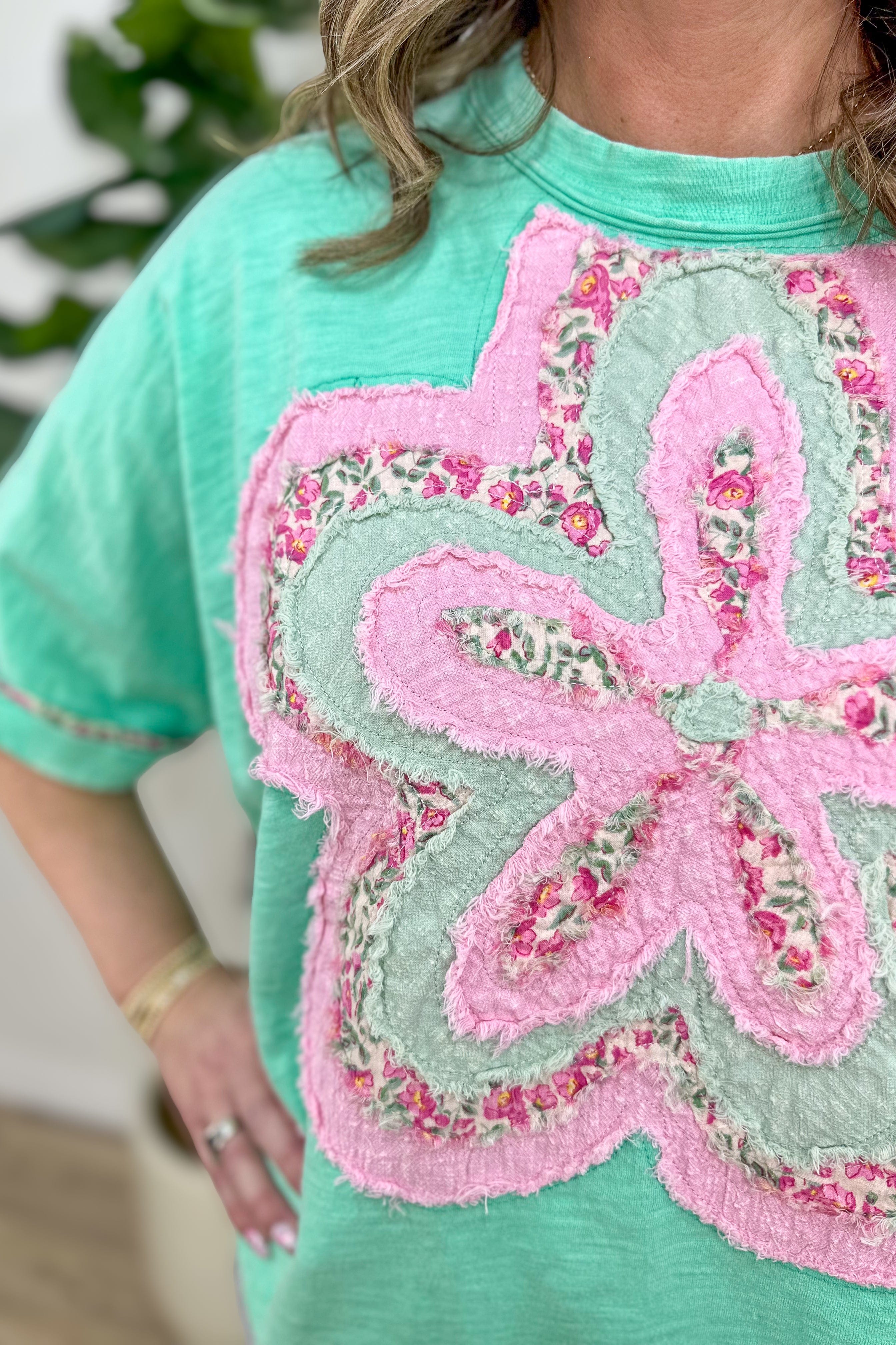 Atlantic Green Flower Patch Top detailed