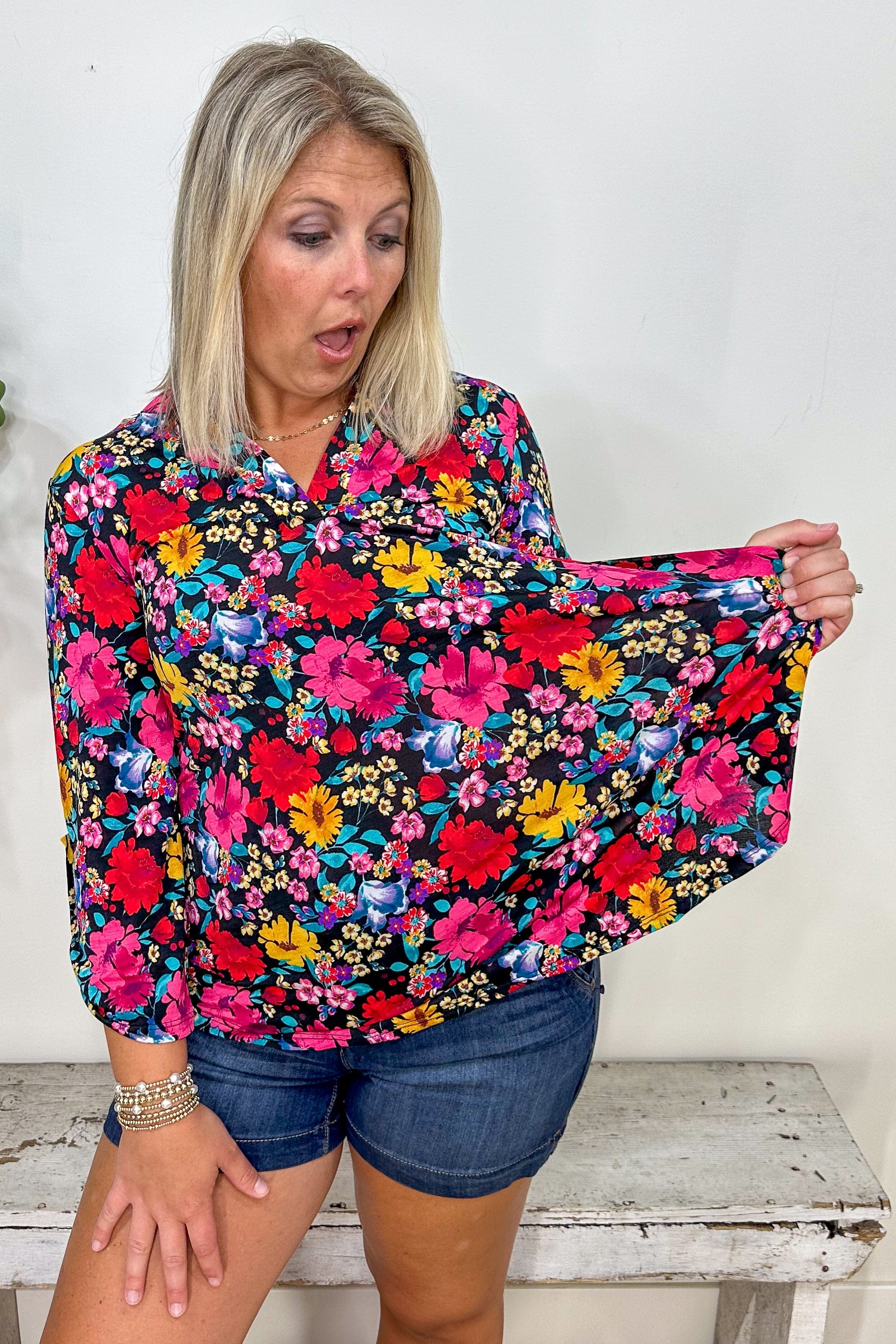 Black Multi Color Floral Lizzy Top stretch