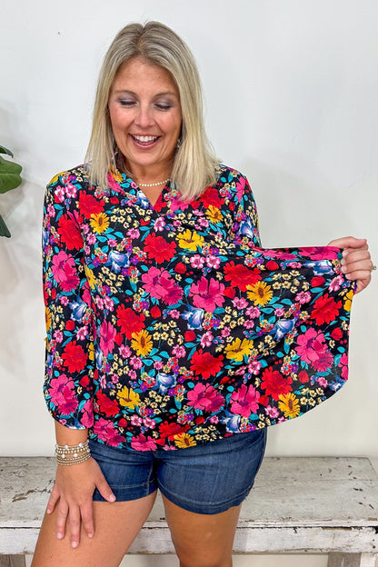 Black Multi Color Floral Lizzy Top stretch