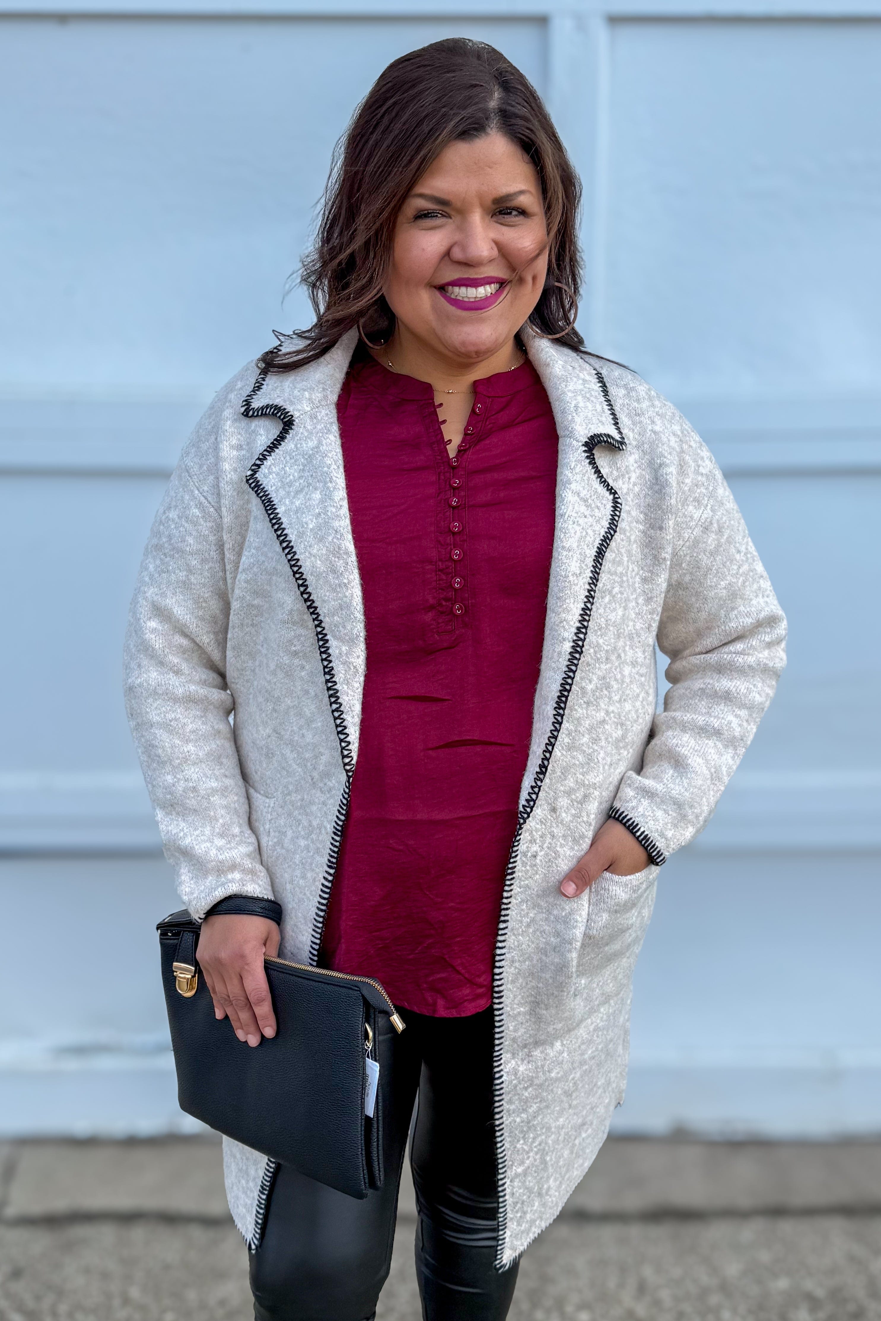 Beige Notch Lapel Seam Stich Open Cardigan