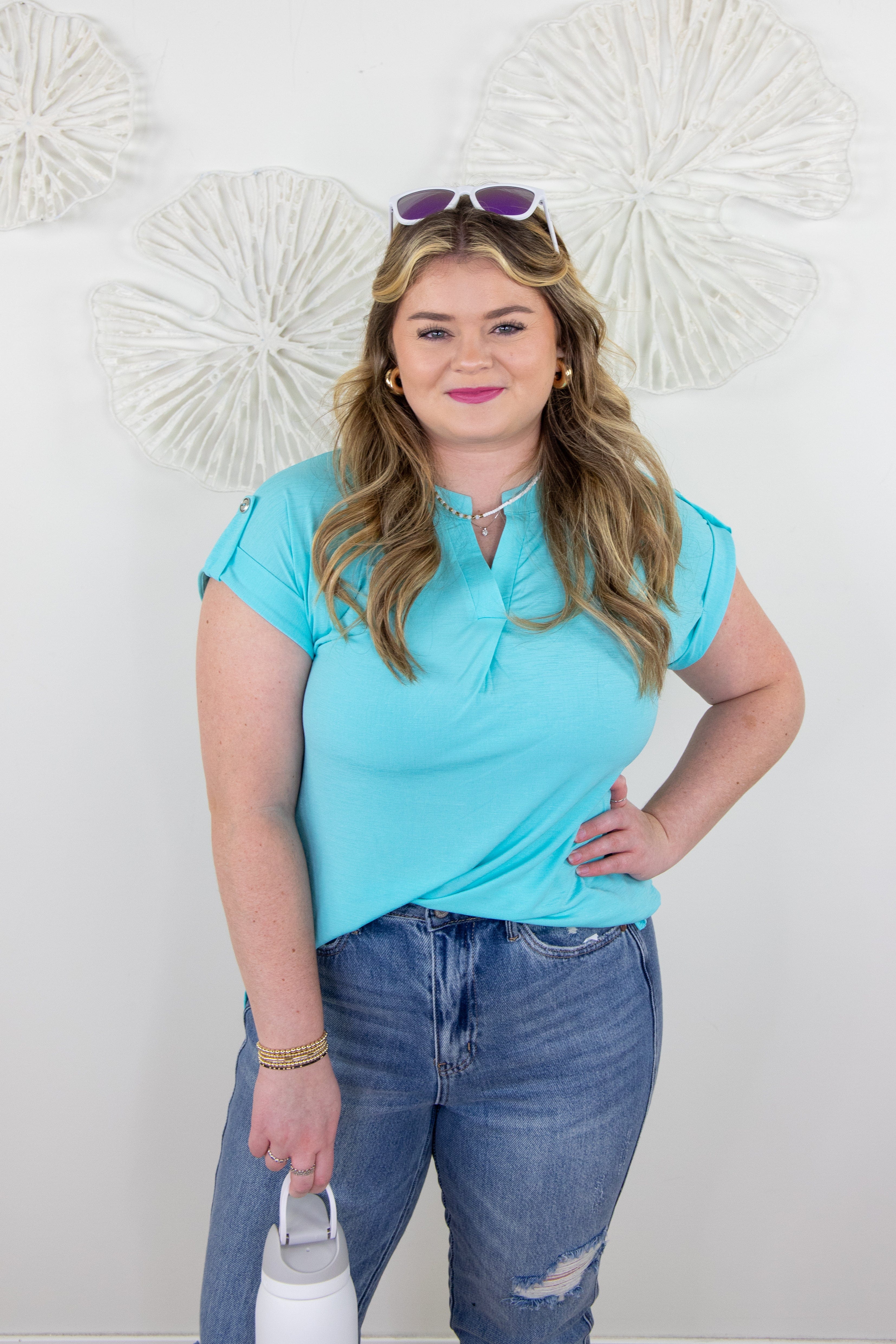 Turquoise Button Cuffed Sleeve Top