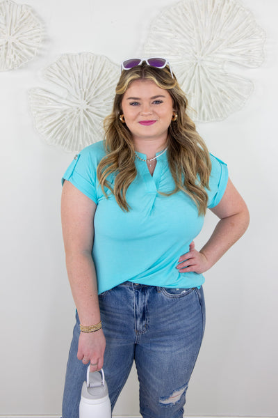 Turquoise Button Cuffed Sleeve Top