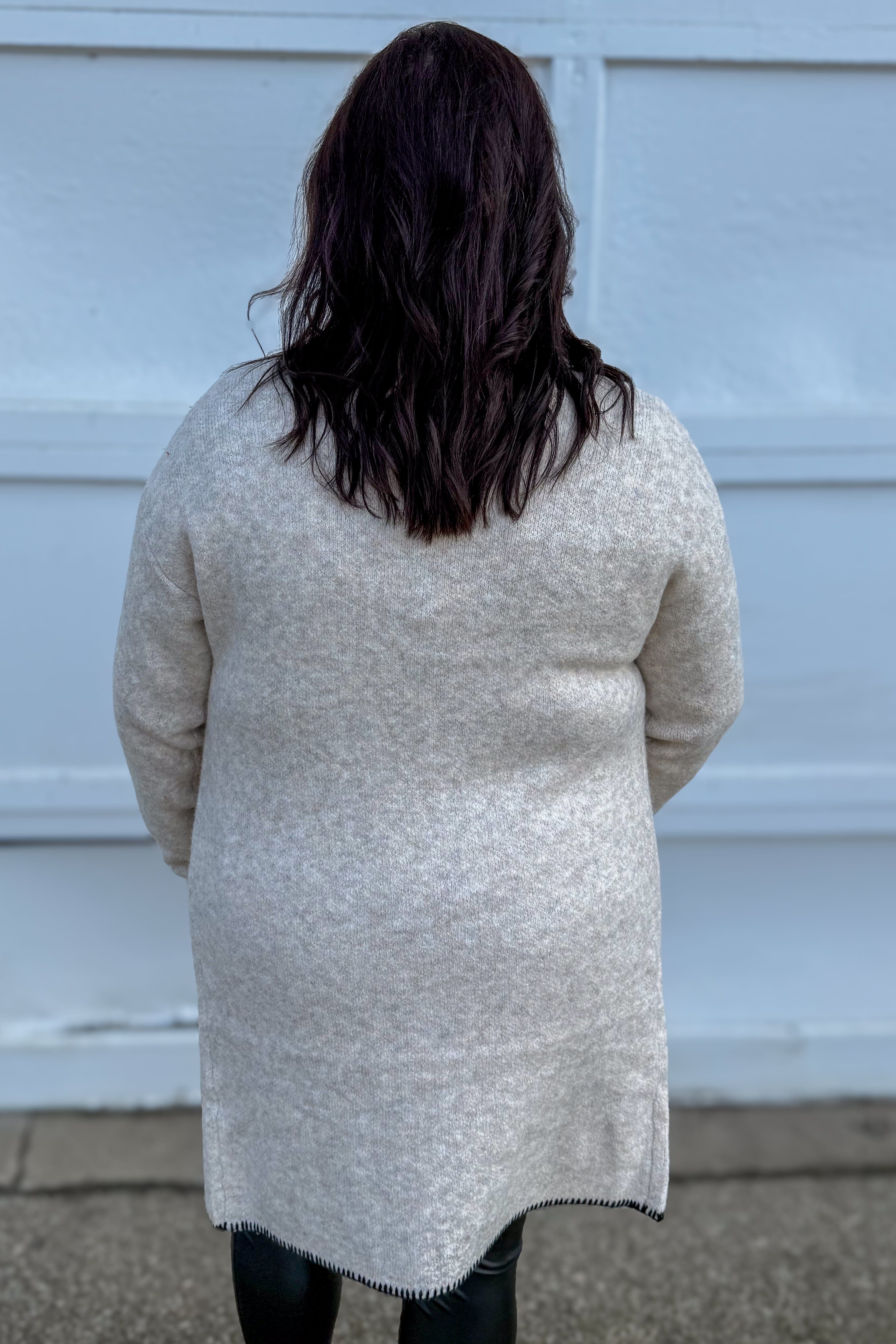 Beige Notch Lapel Seam Stich Open Cardigan Back