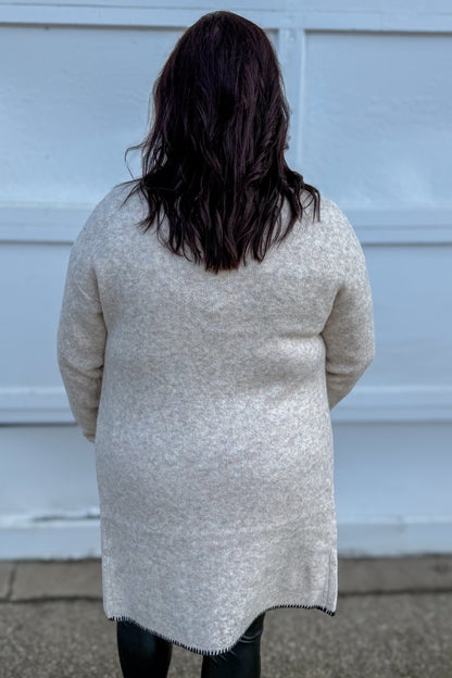 Beige Notch Lapel Seam Stich Open Cardigan Back