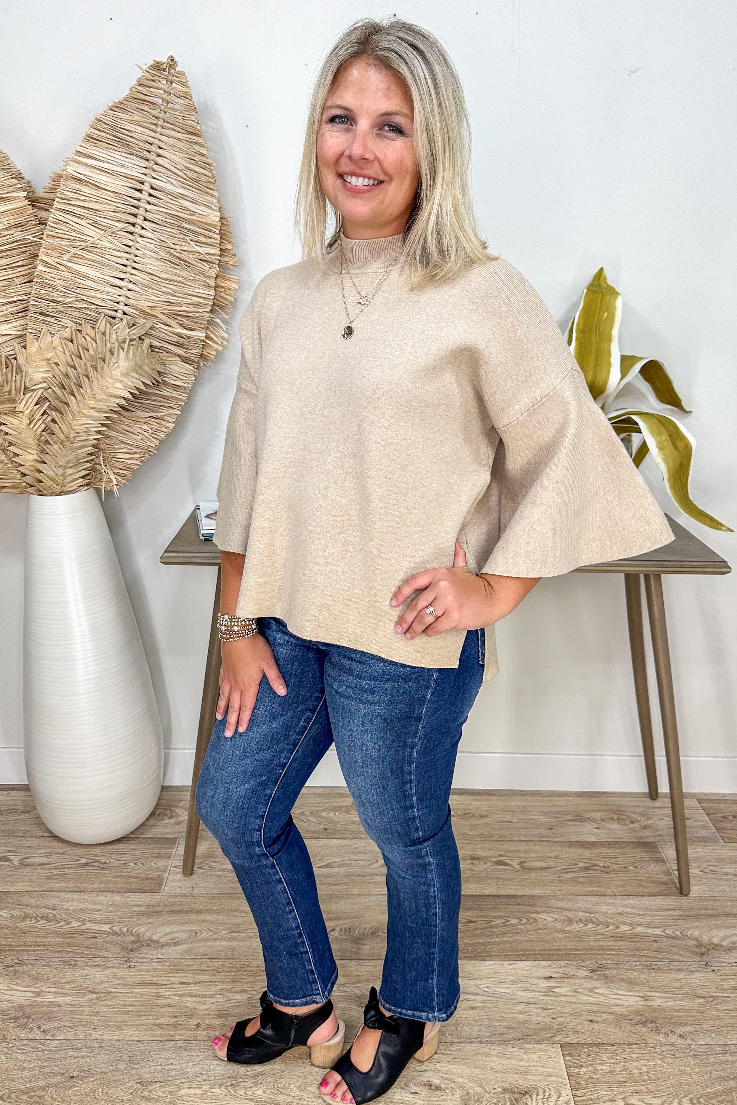 Heathered Beige Bell Sleeve Sweater styled