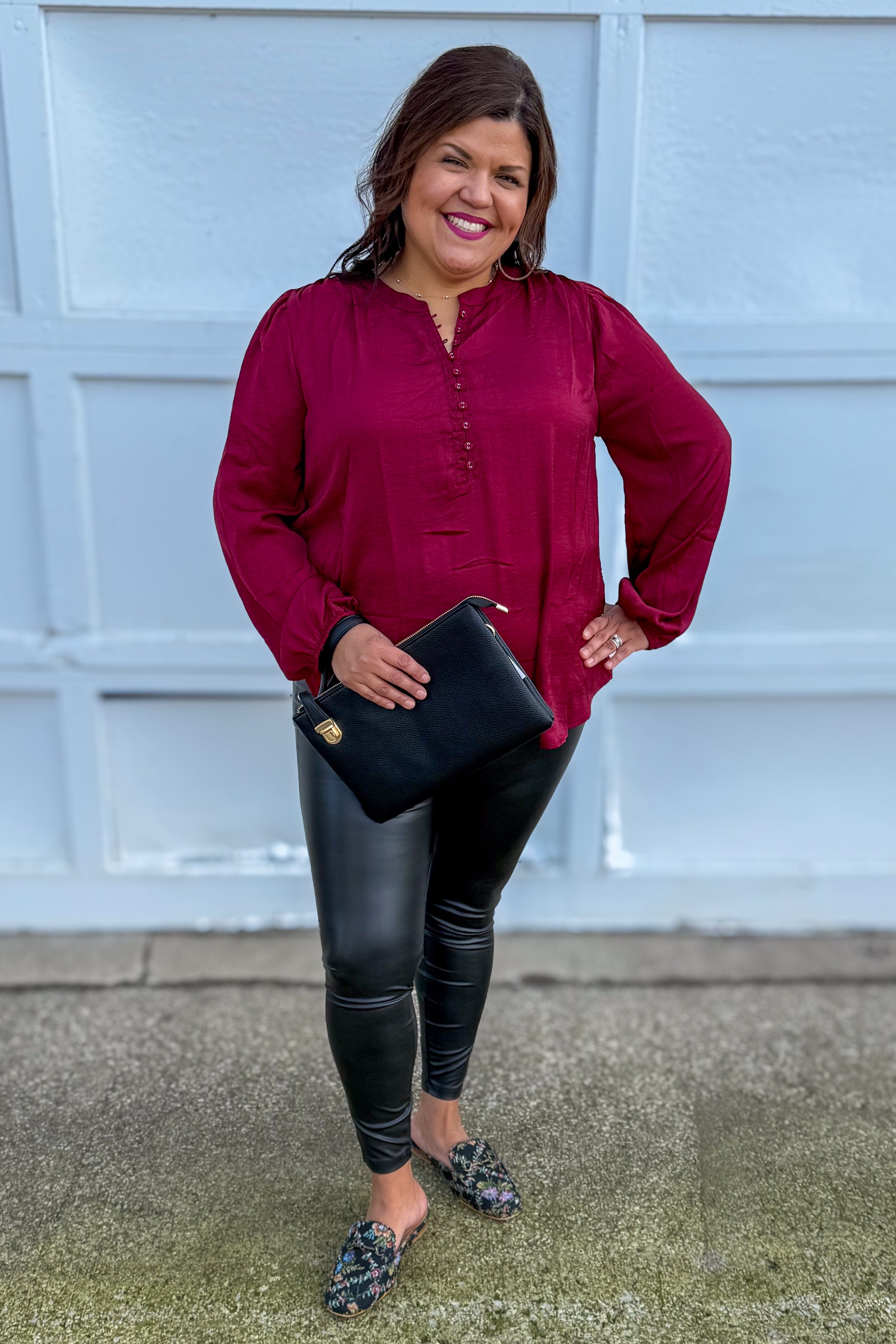 Burgundy Button Split Neck Blouse Styled