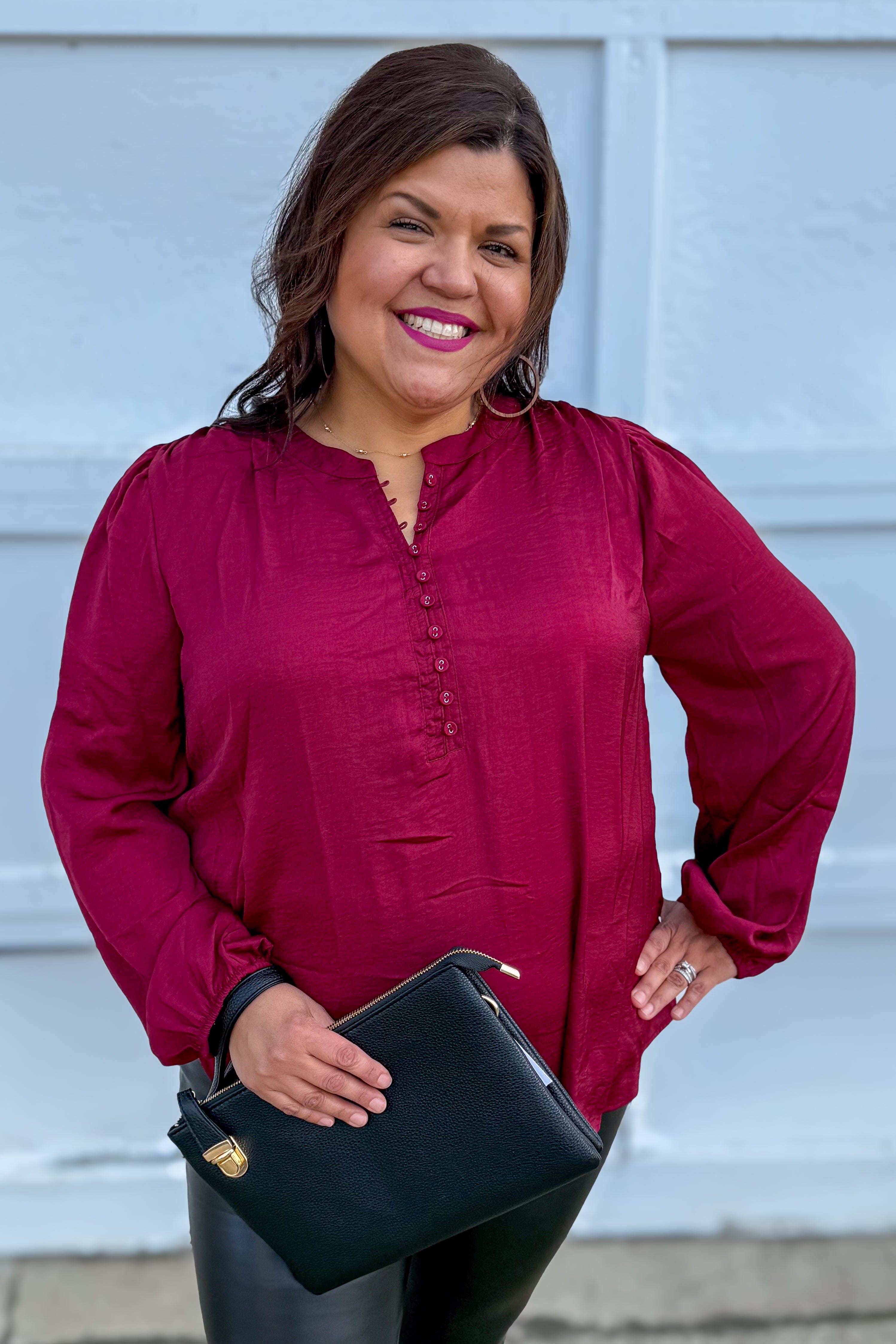 Burgundy Button Split Neck Blouse