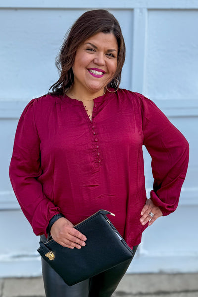 Burgundy Button Split Neck Blouse