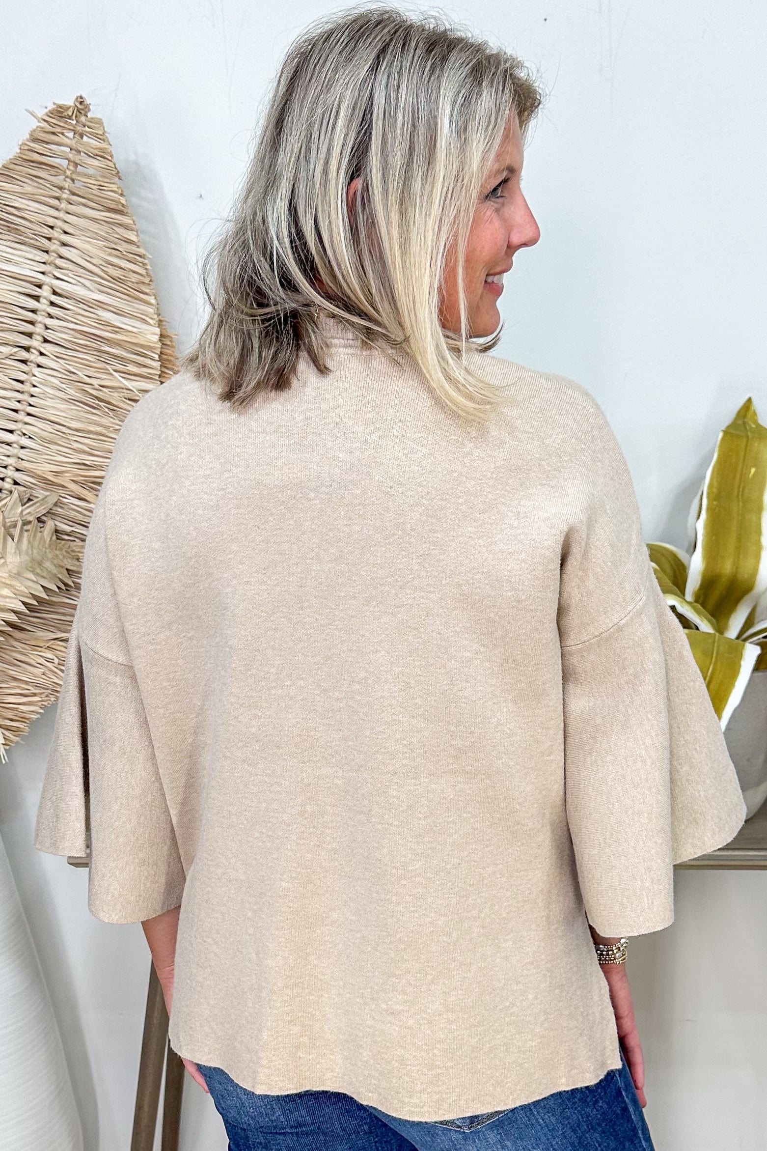 Heathered Beige Bell Sleeve Sweater back