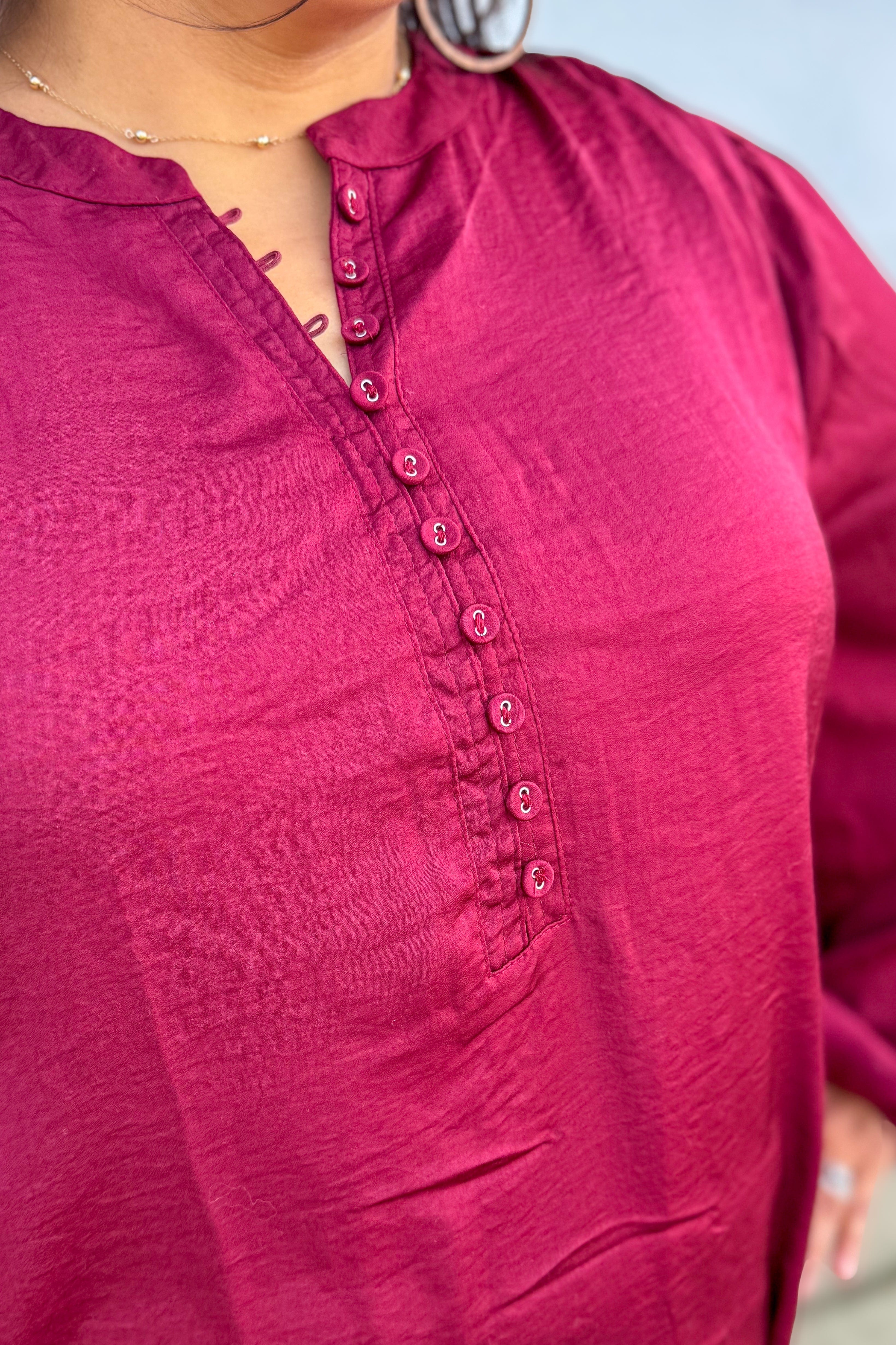 Burgundy Button Split Neck Blouse Detailed