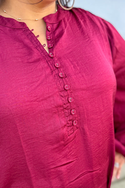 Burgundy Button Split Neck Blouse Detailed