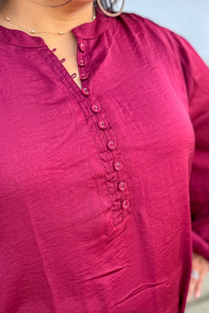 Burgundy Button Split Neck Blouse Detailed