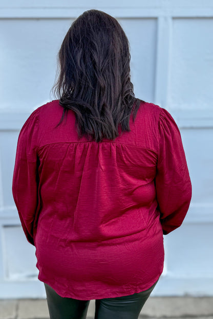 Burgundy Button Split Neck Blouse Back