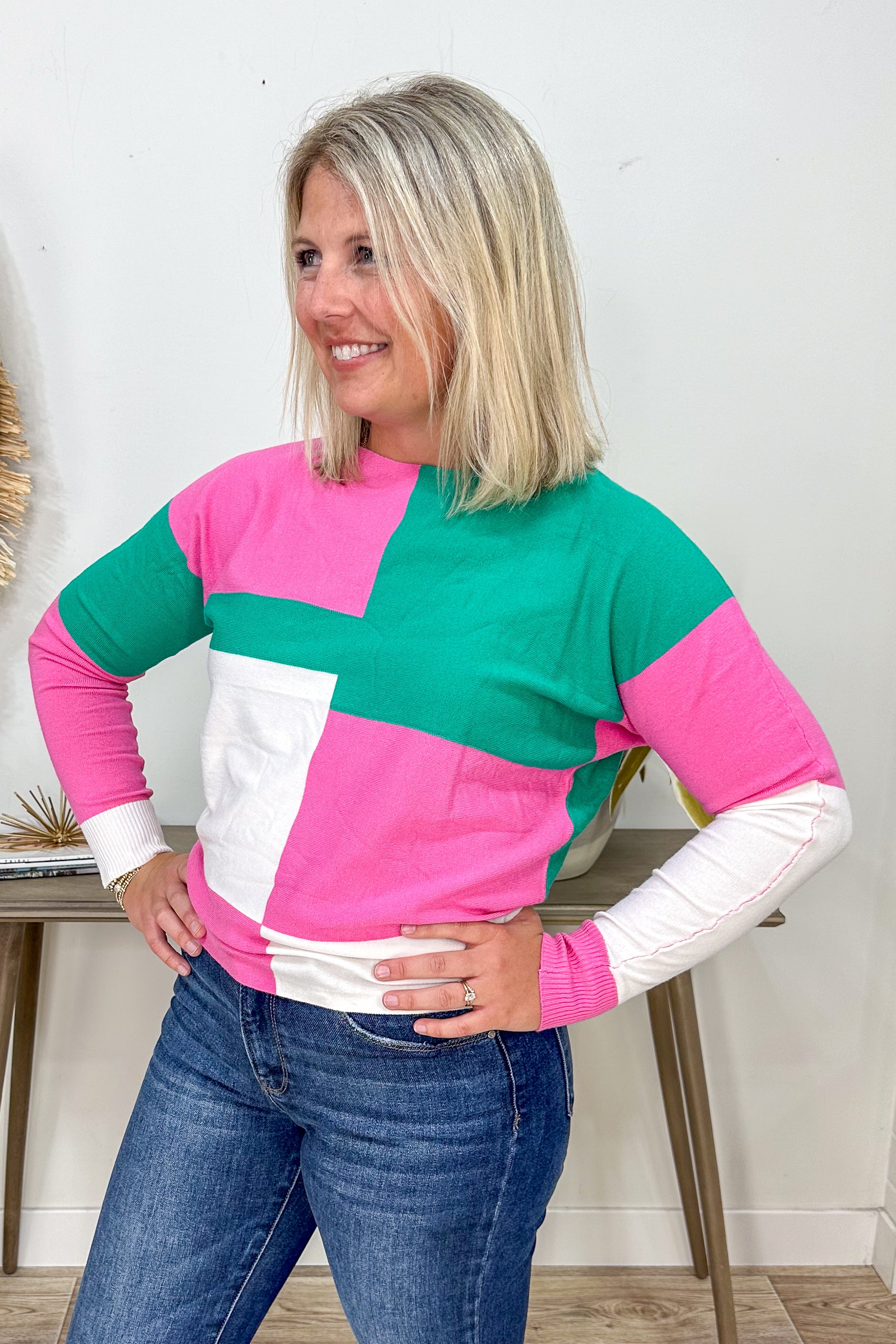 Pink & Kelly Green Colorblock Sweater 