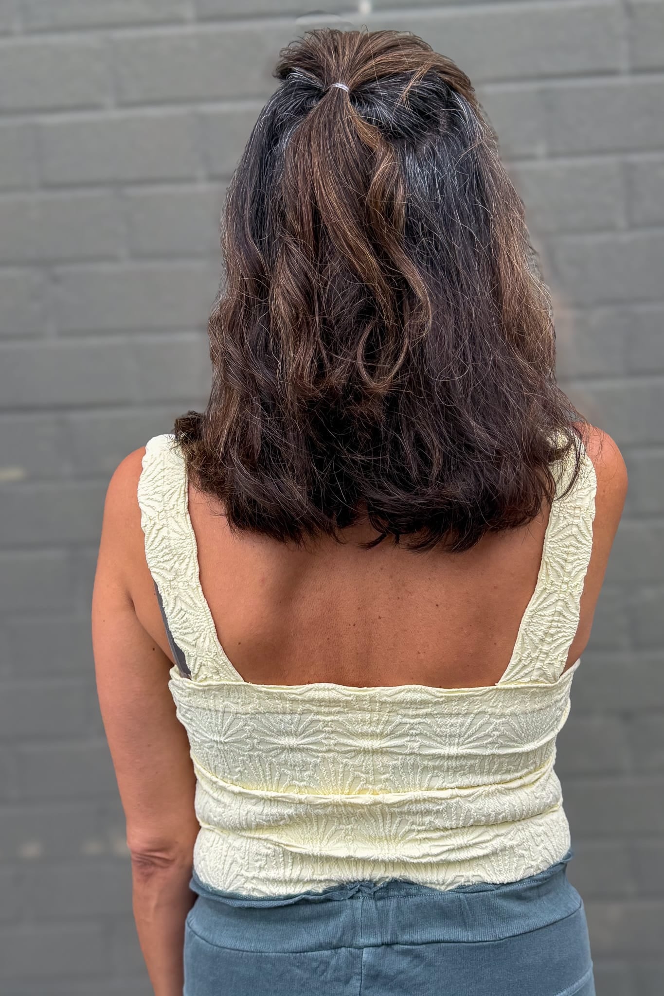 Pale Banana Lace Textured Square Top Back