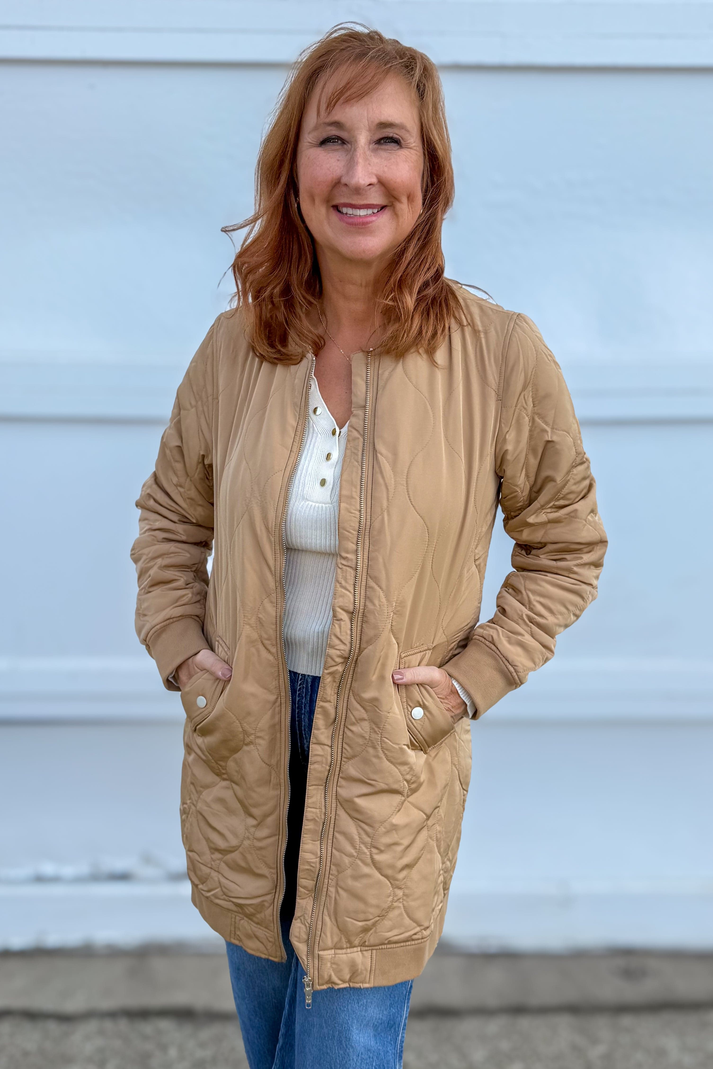 Latte Quilted Long Bomber Jacket