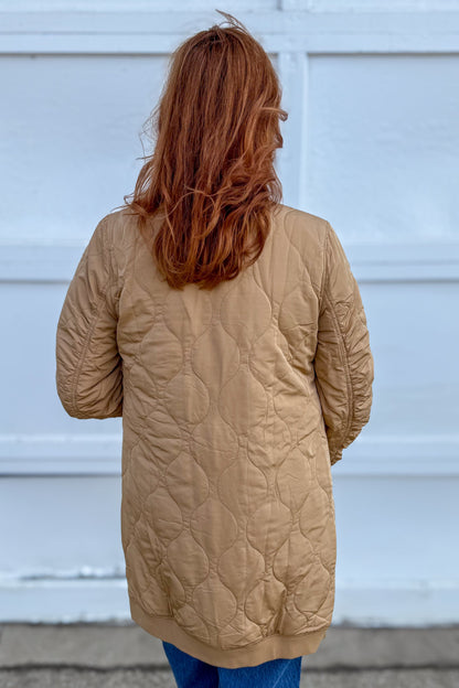 Latte Quilted Long Bomber Jacket