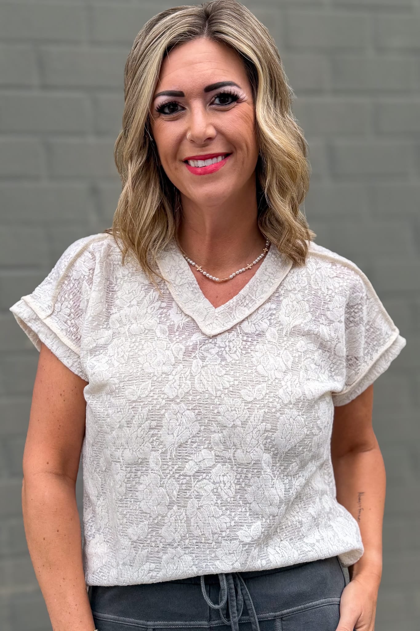 Ivory Floral Stitch Detail Top