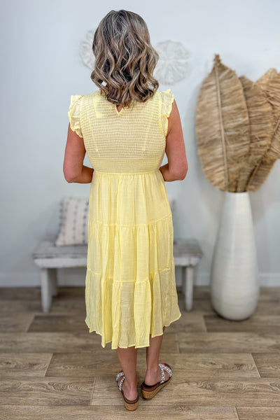 Light Yellow Tiered Smocked Midi Dress -Back