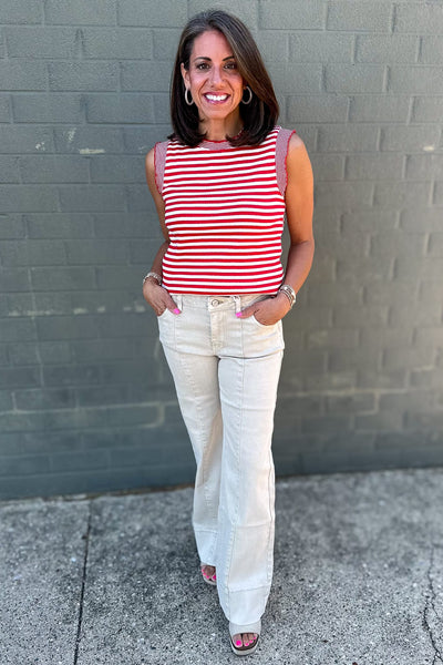 Red Stripe Sleeveless Top; Sand Beige Mid Rise Wide Leg Denim Pants
