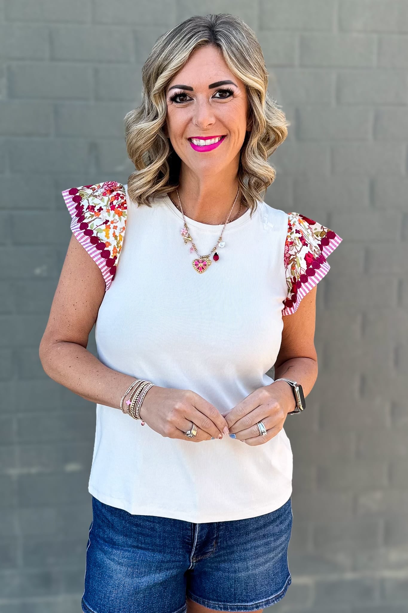 Ivory Print Ruffle Sleeve Top