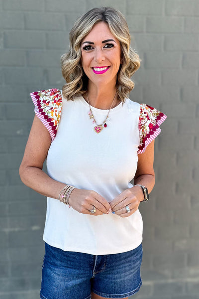 Ivory Print Ruffle Sleeve Top