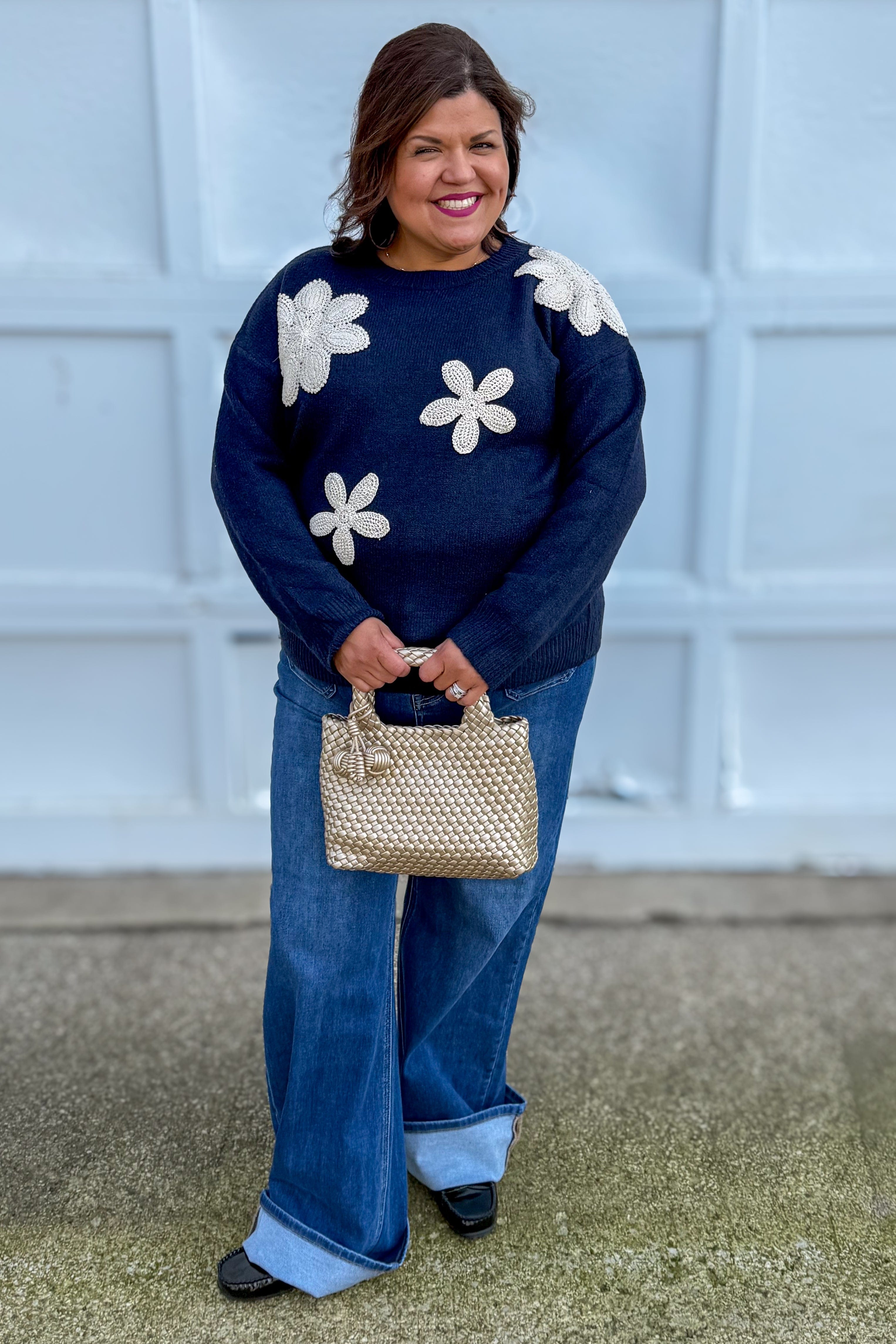 Navy with Beige Crochet Floral Sweater
