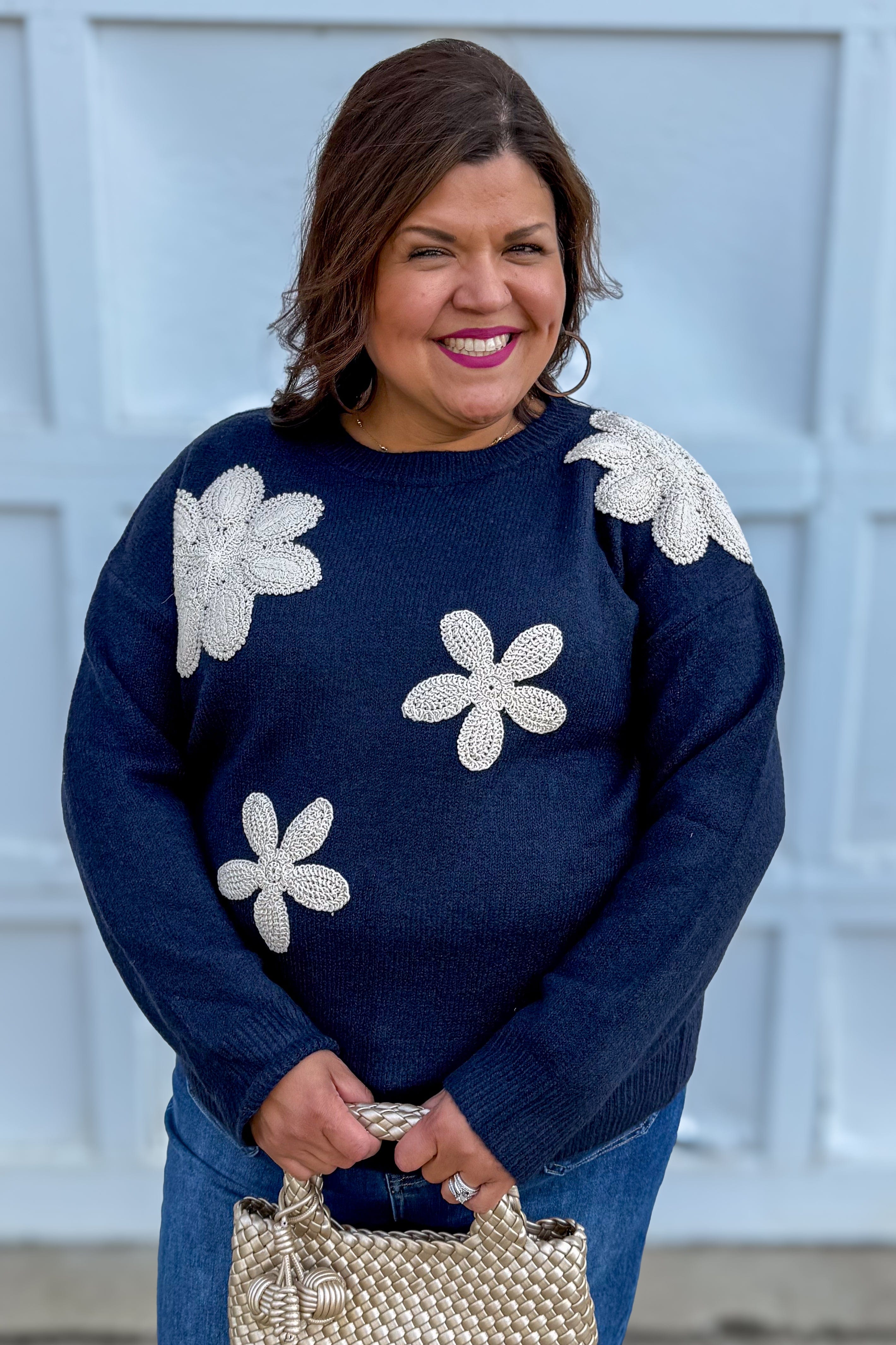 Navy with Beige Crochet Floral Sweater