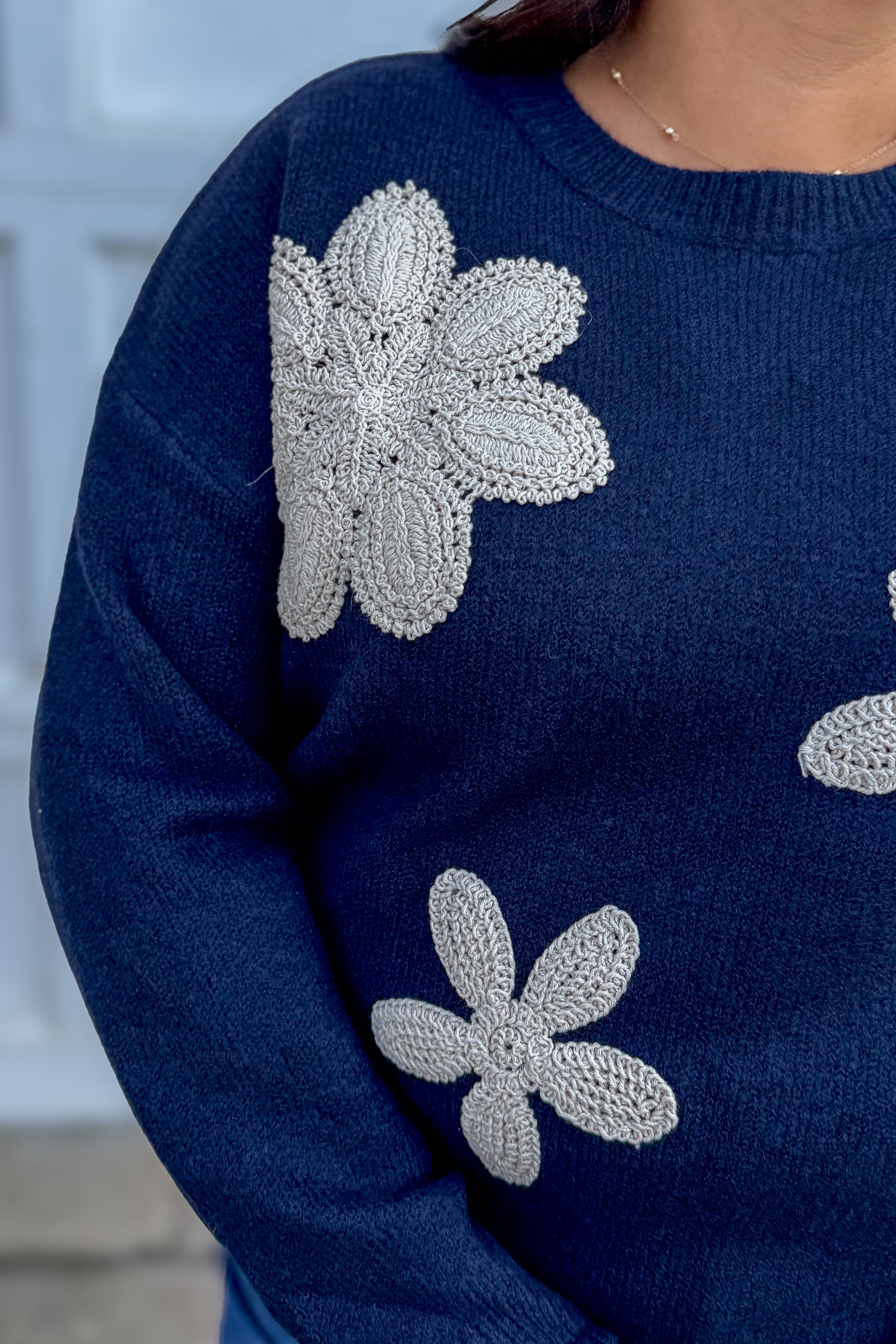 Navy with Beige Crochet Floral Sweater