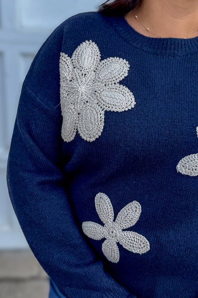 Navy with Beige Crochet Floral Sweater