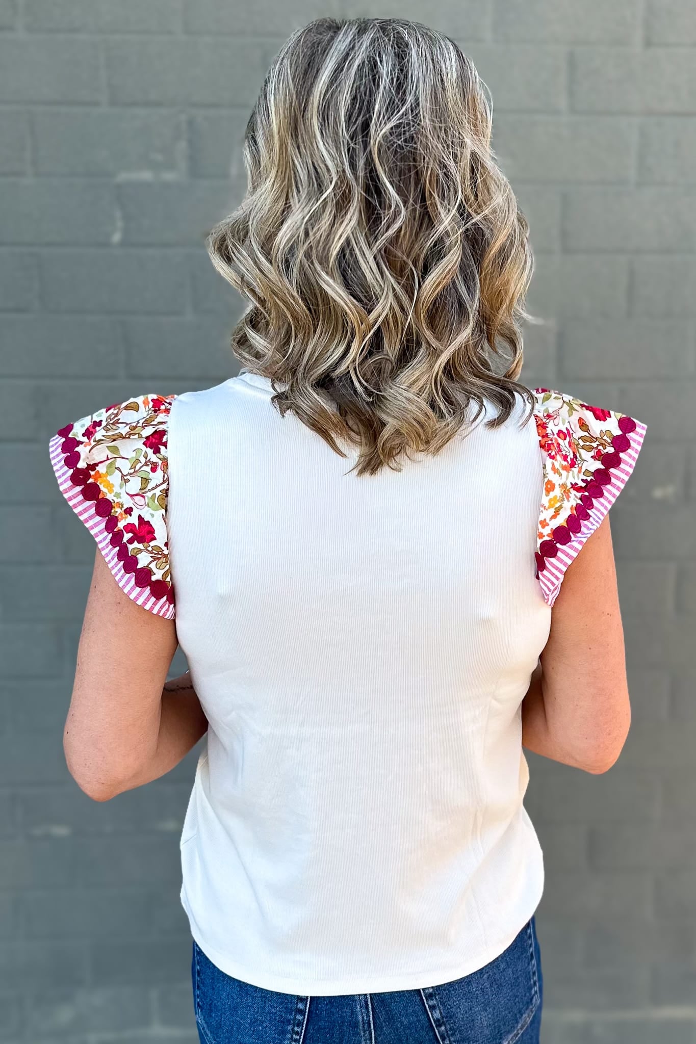 Ivory Print Ruffle Sleeve Top Back