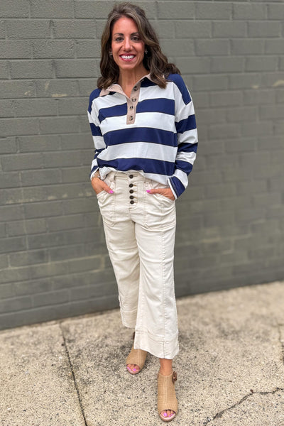 Navy Striped Contrast Collar Polo Tee