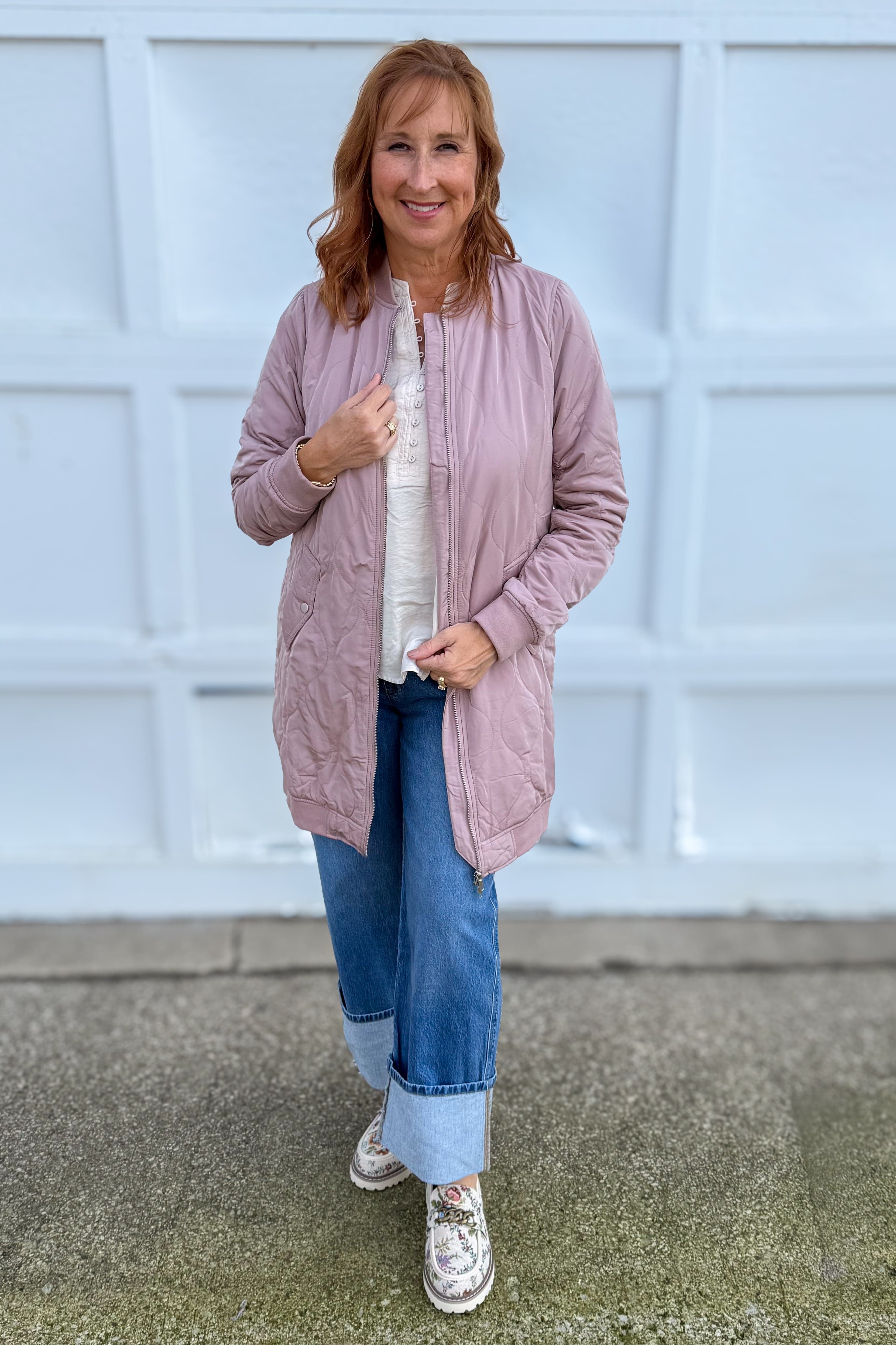 Rose Quilted Long Bomber Jacket