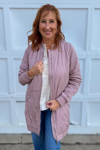 Rose Quilted Long Bomber Jacket