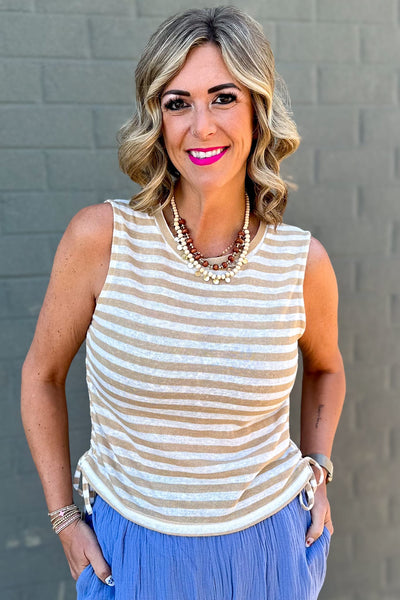 Taupe Stripe Ruched Top