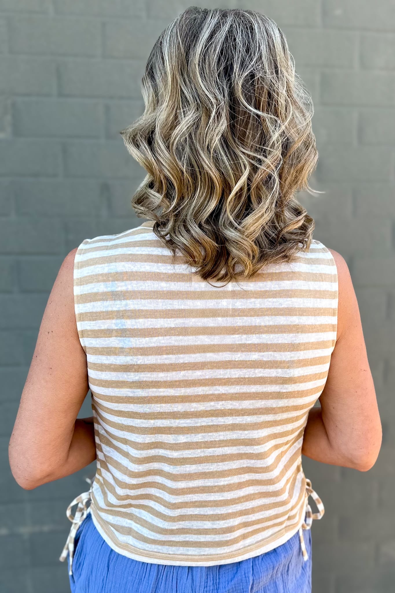 Taupe Stripe Ruched Top Back