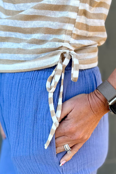 Taupe Stripe Ruched Top Detail
