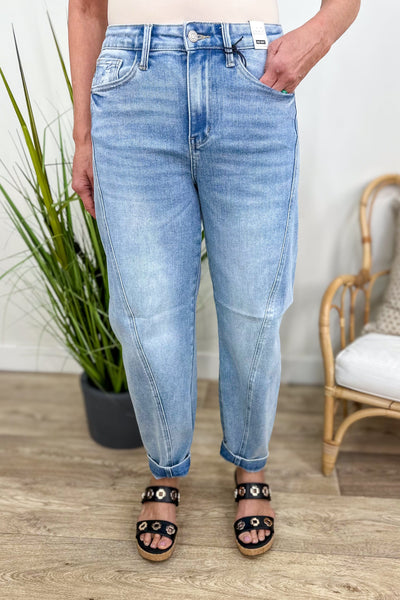 High Waist Side Panel Barrel Leg Denim