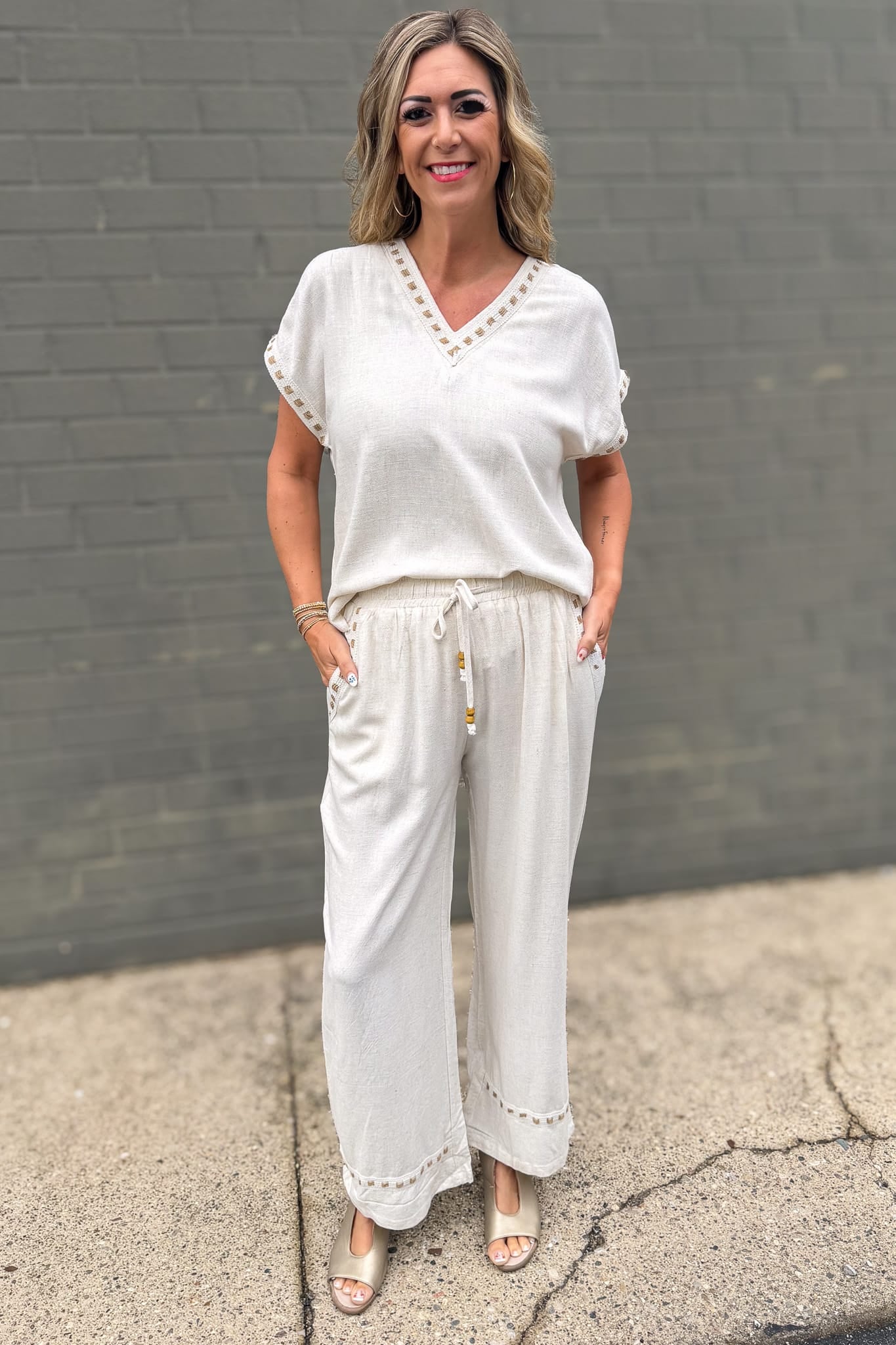 Beige Linen Drawstring Pant