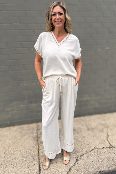 Beige Linen Drawstring Pant