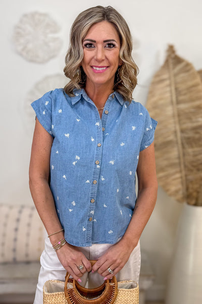 Chambray Floral Embroidered Denim Shirt