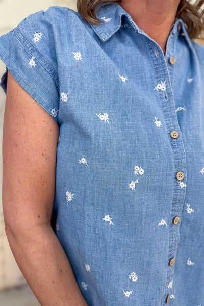 Chambray Floral Embroidered Denim Shirt