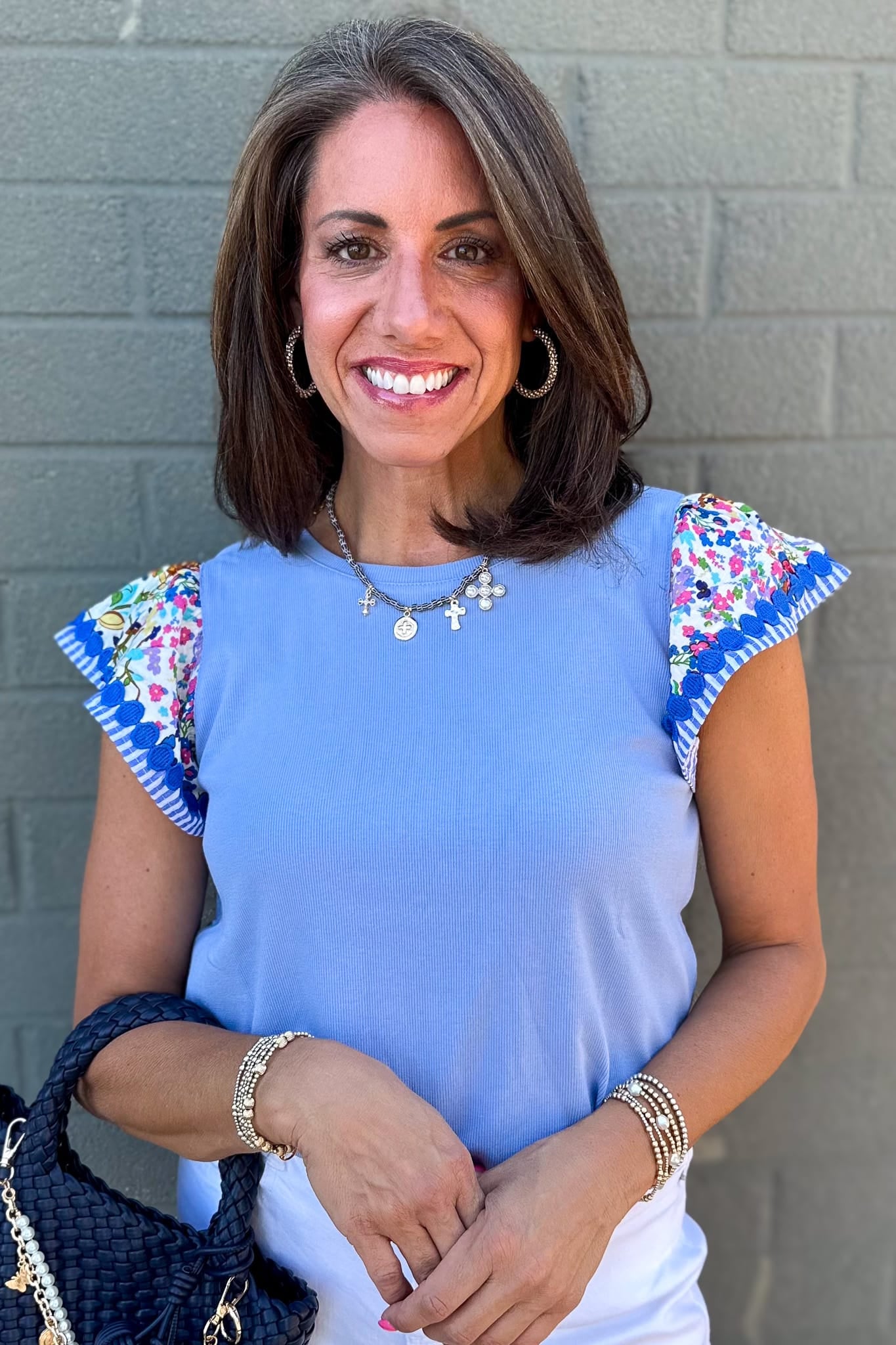 Light Blue Print Ruffle Sleeve Top