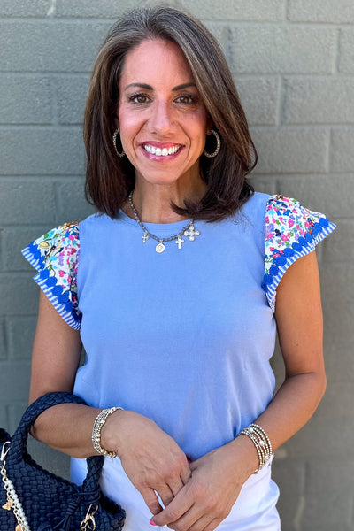 Light Blue Print Ruffle Sleeve Top